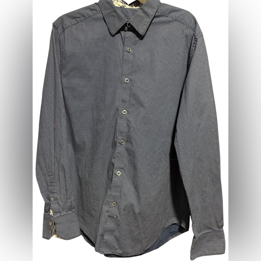 Robert Graham L Navy Blue Dot Button Dress Casual Shirt Men Paisley Under Collar
